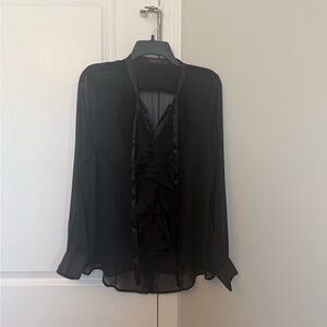 The Limited Black Sheer Ruffle Tie-Neck Blouse